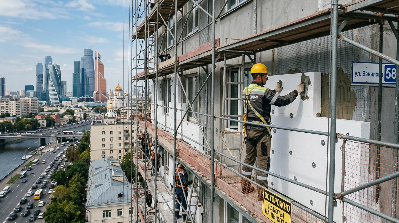 Утепление фасадов снаружи промышленными альпинистами