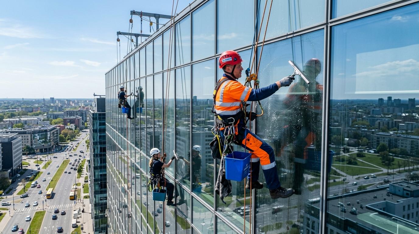 Мытьё фасадов зданий в Москве промышленными альпинистами