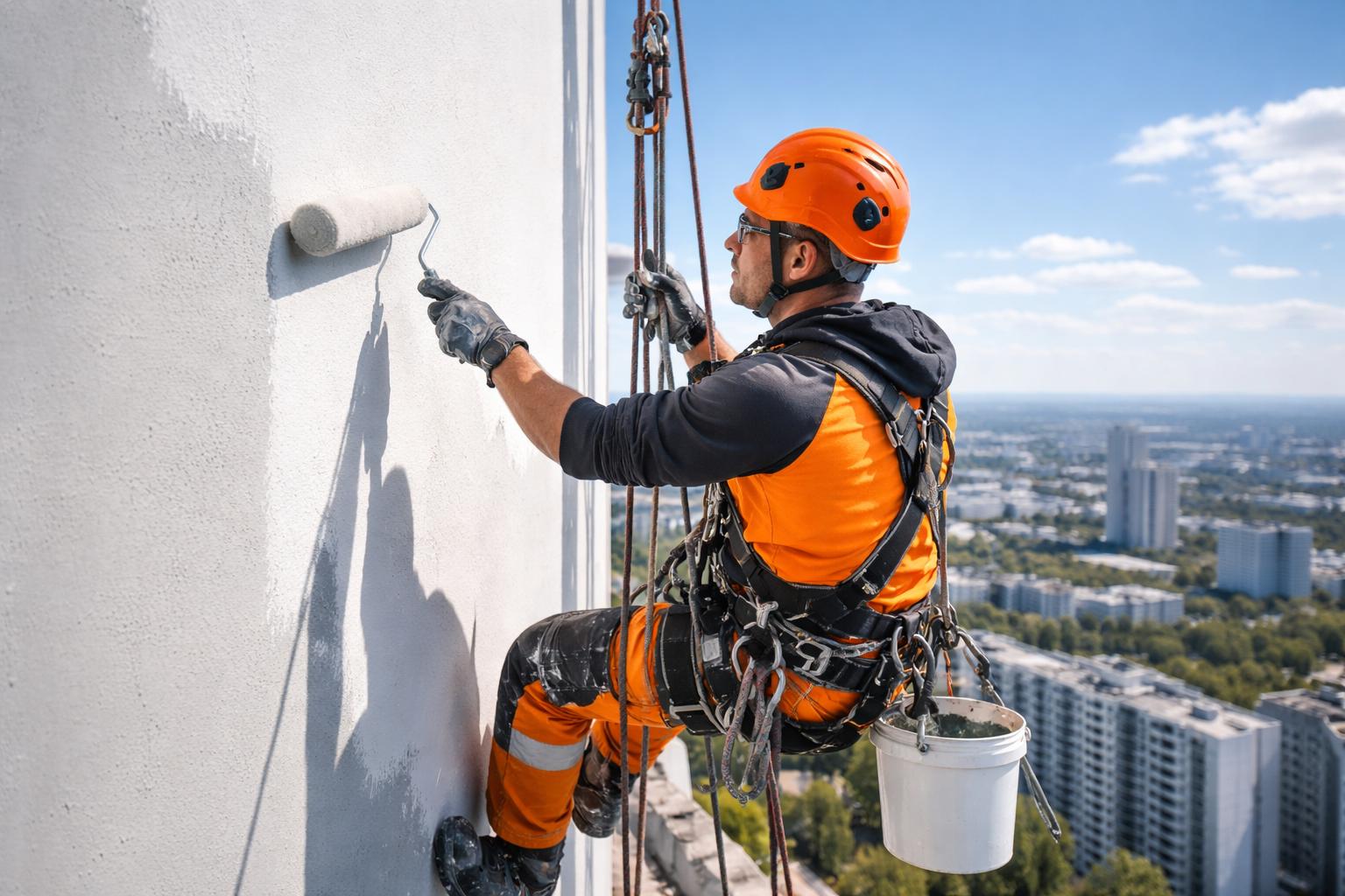 Покраска фасадов зданий промышленными альпинистами