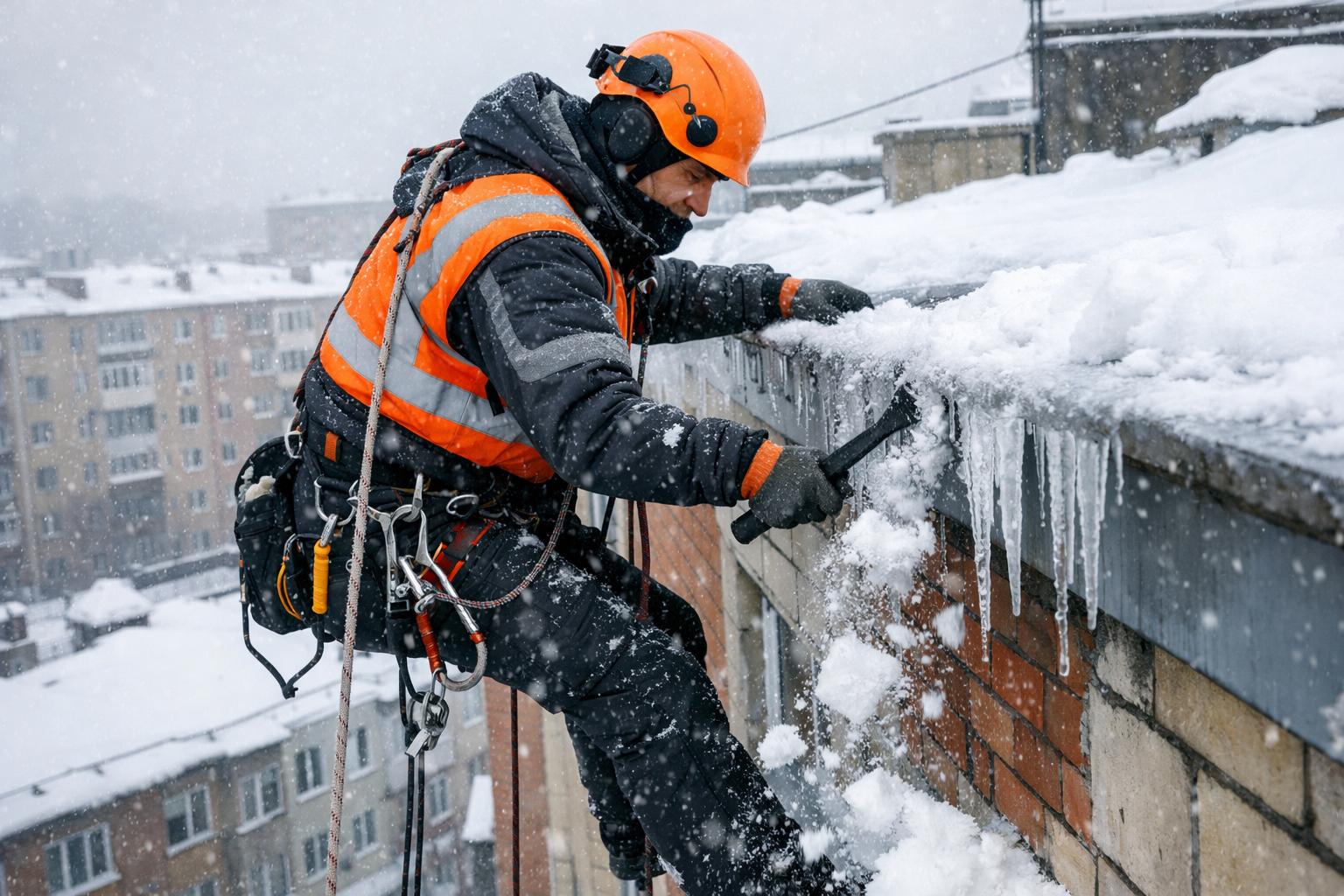 Уборка снега и сосулек с крыш в Москве